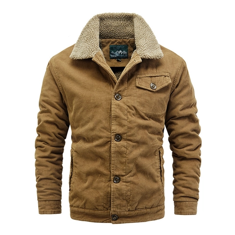 Men's Vintage Corduroy Jacket Faux Sherpa Fur Collar Thick Warm Winter Outerwear Casual Single Breasted Padded Coat For Men