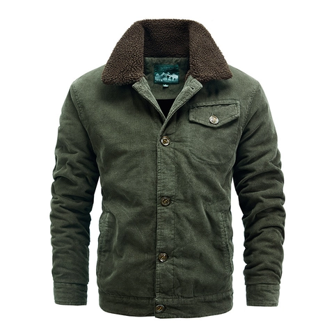 Men's Vintage Corduroy Jacket Faux Sherpa Fur Collar Thick Warm Winter Outerwear Casual Single Breasted Padded Coat For Men