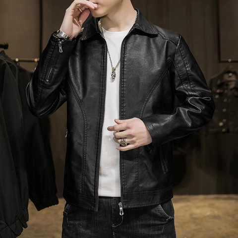 Men's PU Leather Jacket Casual Lapel Slim Fit Moto Biker Coat With Zipper Pockets Solid Color Autumn Fashion Outerwear