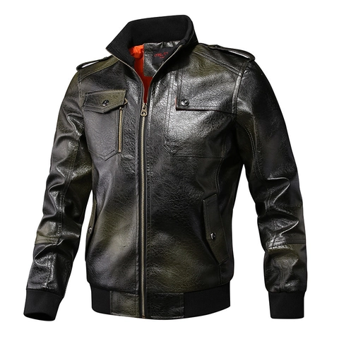 Men's Vintage PU Leather Biker Jacket Slim Fit Stand Collar Motorcycle Outerwear Retro Military Style Casual Coat