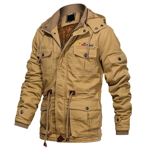 Men's Military Work Jacket Fleece Lined Hooded Winter Coat Warm Heavyweight Cotton Canvas Multi Pocket Outerwear For Men