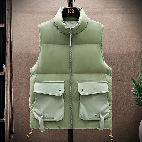 Gilet Matelassé Homme Col Montant Épais Chaud Hiver Style Cargo Grandes Poches Coupe-vent Imprimé Montagne Enneigée Veste Sans Manches