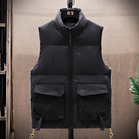 Gilet Matelassé Homme Col Montant Épais Chaud Hiver Style Cargo Grandes Poches Coupe-vent Imprimé Montagne Enneigée Veste Sans Manches