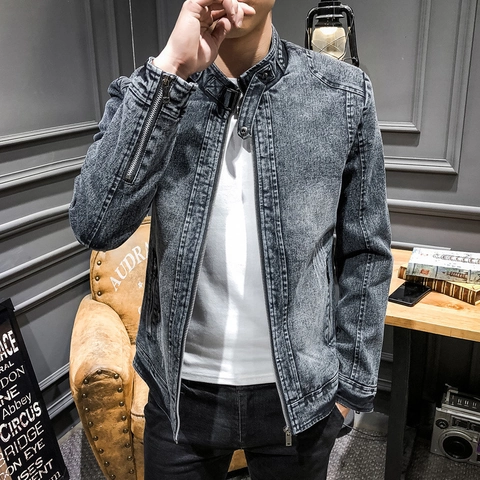 Heren Vintage Gewassen Spijkerjasje Opstaande Kraag Slim Fit Katoenmix Rits Casual Lange Mouwen Denim Jas