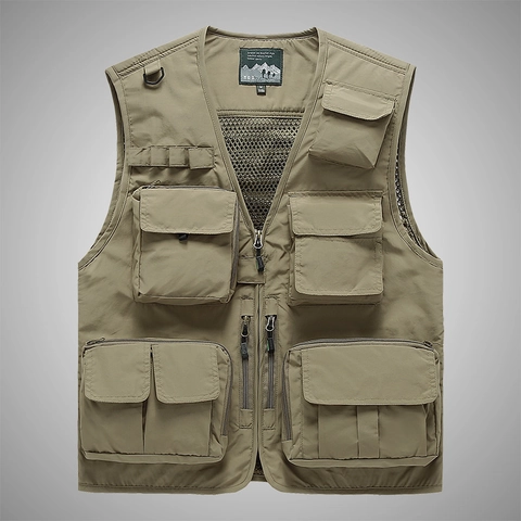Men Multi Pocket Outdoor Fishing Vest Breathable Mesh Lightweight Photography Waistcoat Tactical Workwear Jacket For Hiking Camping Travel Casual V Neck Zipper Top