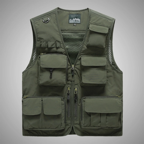 Men Multi Pocket Outdoor Fishing Vest Breathable Mesh Lightweight Photography Waistcoat Tactical Workwear Jacket For Hiking Camping Travel Casual V Neck Zipper Top