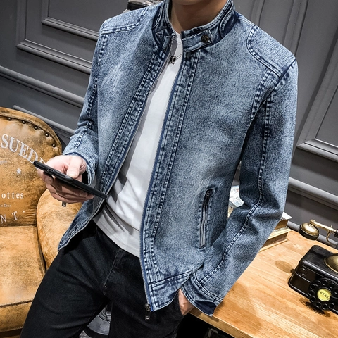 Heren Vintage Gewassen Spijkerjasje Opstaande Kraag Slim Fit Katoenmix Rits Casual Lange Mouwen Denim Jas