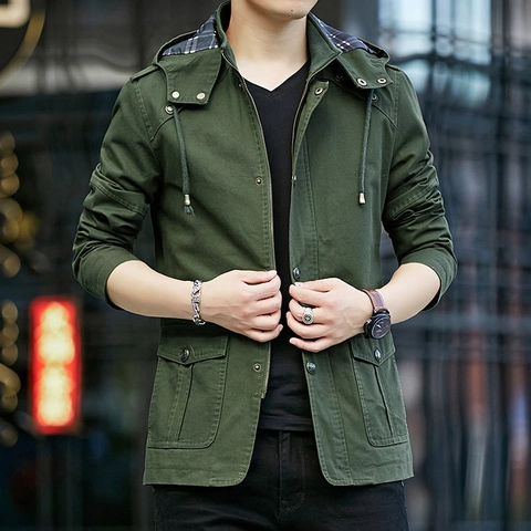 Men's Hooded Work Jacket Cotton Washed Fabric Windproof Multiple Pockets Casual Outdoor Military Cargo Coat Plaid Lining