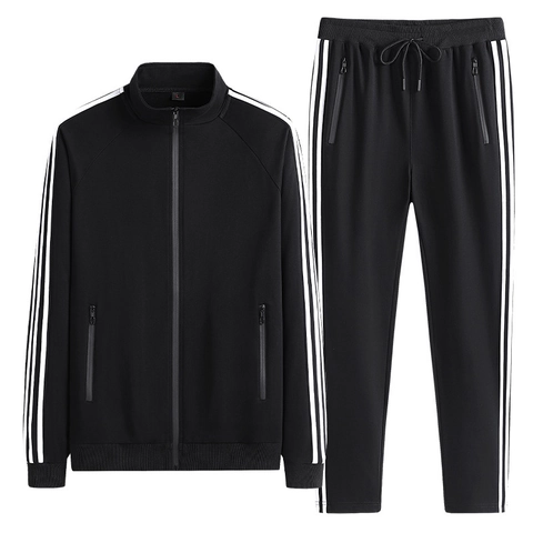 Chándal Deportivo para Hombre Mezcla de Algodón Conjunto de Dos Piezas Chaqueta con Cremallera y Cuello Alto y Pantalones Largos Casual Tallas Grandes a Rayas