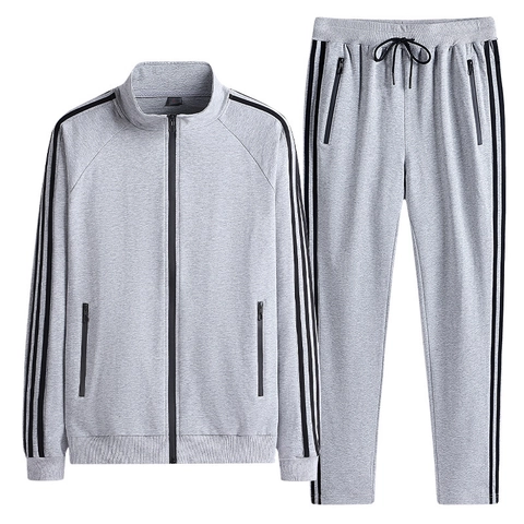 Chándal Deportivo para Hombre Mezcla de Algodón Conjunto de Dos Piezas Chaqueta con Cremallera y Cuello Alto y Pantalones Largos Casual Tallas Grandes a Rayas