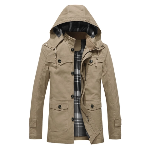 Chaqueta con Capucha de Algodón Lavado para Hombre con Forro de Cuadros Multibolsillos Estilo Militar Abrigo Casual para Hombre