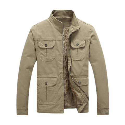 Herren Winterjacke Mit Fleece-Futter Baumwolle Canvas Arbeitsmantel Stehkragen Multi-Tasche Lockerer Schnitt Warme Tactical Casual Jacke