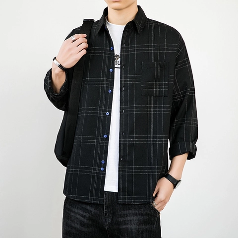 Chemise à Carreaux Homme Manches Longues Décontractée Mélange de Coton Top Classique à Carreaux Fenêtre pour Quotidien Style Rétro