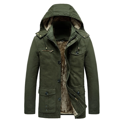 Men's Winter Fleece Lined Parka Jacket Detachable Hood Military Style Cotton Multi Pocket Warm Thickened Cargo Coat Outerwear