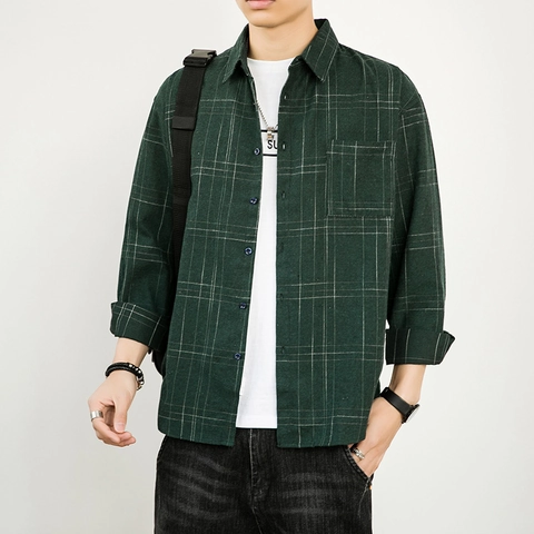 Chemise à Carreaux Homme Manches Longues Décontractée Mélange de Coton Top Classique à Carreaux Fenêtre pour Quotidien Style Rétro