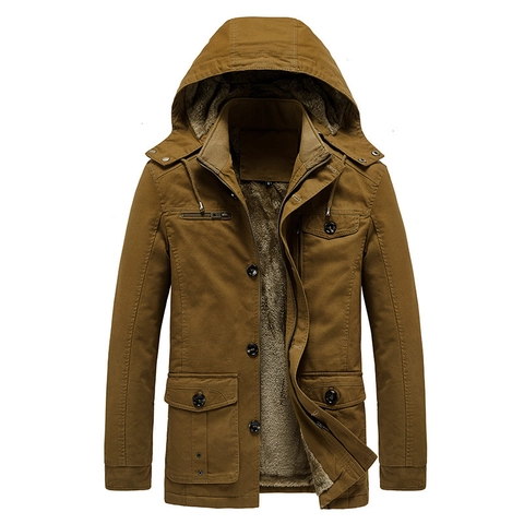 Men's Winter Fleece Lined Parka Jacket Detachable Hood Military Style Cotton Multi Pocket Warm Thickened Cargo Coat Outerwear