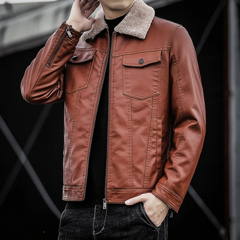 Men Faux Leather Jacket Vintage Motorcycle Coat Sherpa Fleece Collar Warm Quilted Lining Winter Casual Outerwear Men