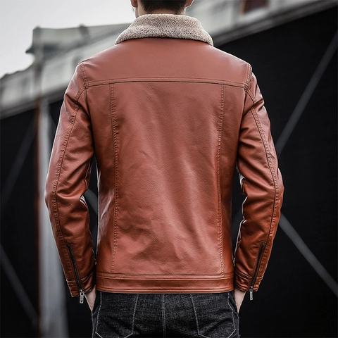 Men Faux Leather Jacket Vintage Motorcycle Coat Sherpa Fleece Collar Warm Quilted Lining Winter Casual Outerwear Men