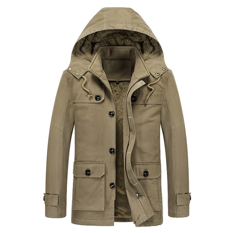 Chaqueta Parka con Capucha para Hombre Forro Polar Algodón Sarga Espesada Multibolsillos Cortavientos Longitud Media Casual