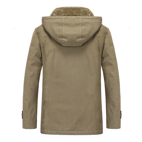 Chaqueta Parka con Capucha para Hombre Forro Polar Algodón Sarga Espesada Multibolsillos Cortavientos Longitud Media Casual
