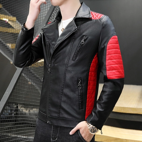 Men PU Leather Biker Jacket Padded Warm Contrast Color Patchwork Motorcycle Coat With Zipper Pockets Slim Fit Streetwear Casual Apparel