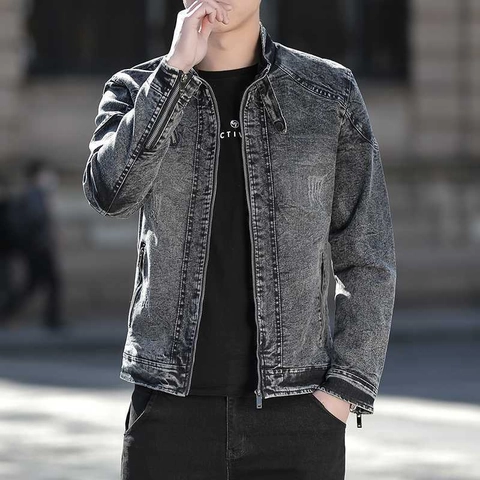 Herren Stehkragen Jeansjacke Acid Wash Baumwolle Wattiert Biker Mantel Reißverschluss Multi-Taschen Slim Fit Casual Streetwear
