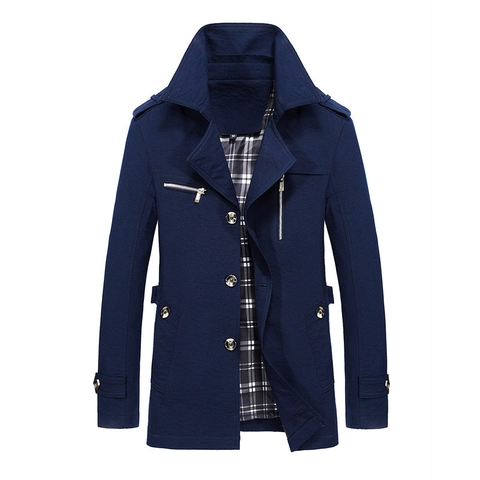 Men Mid Length Windbreaker Jacket Solid Color Polyester Cotton Blend Coat With Plaid Lining Casual Outerwear For Men Apparel