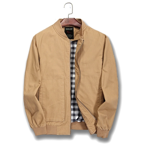 Men Casual Bomber Jacket Cotton Slim Fit Stand Collar Windproof Coat Gingham Lining Solid Color Outerwear For Men Autumn