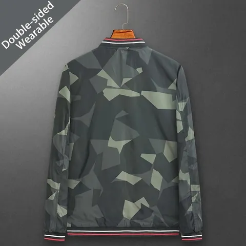 Herren Wende Bomberjacke Nylon Polyester Stoff Camouflage Druck Mehrere Taschen Gerippter Besatz Winddicht Outdoor Mantel