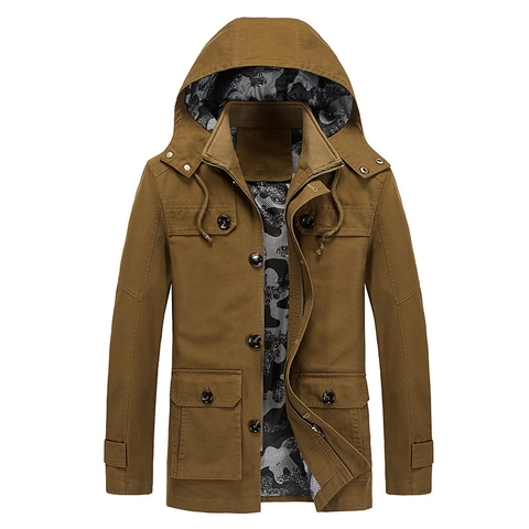 Veste de Travail à Capuche pour Hommes Mélange de Coton Multi Poches Doublure Camouflage Décontracté Extérieur Coupe-vent