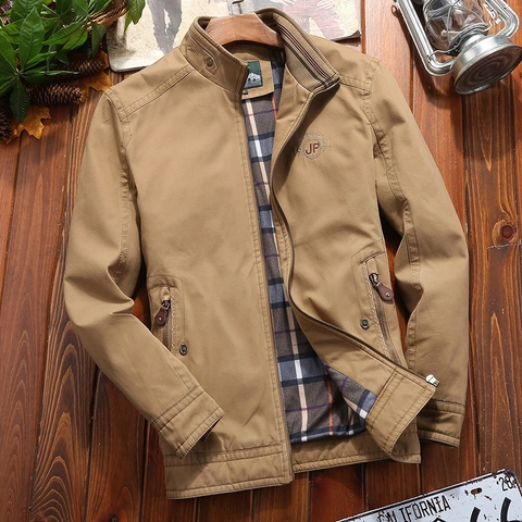 Men Casual Cotton Jacket Stand Collar Plaid Lining Zipper Closure Windproof Coat Vintage Workwear Outdoor Embroidery Long Sleeve Top