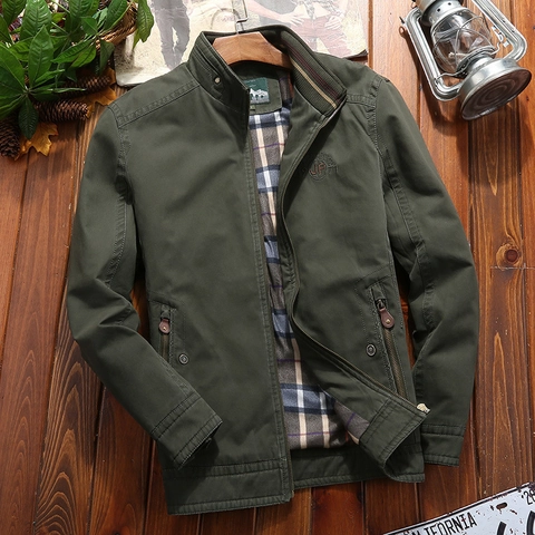 Men Casual Cotton Jacket Stand Collar Plaid Lining Zipper Closure Windproof Coat Vintage Workwear Outdoor Embroidery Long Sleeve Top