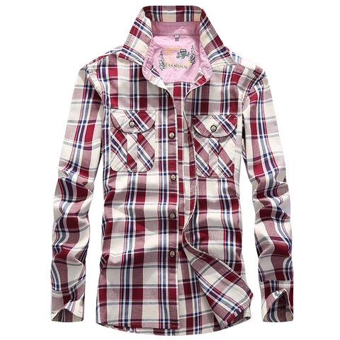 Chemise Classique à Carreaux en Coton pour Hommes Décontractée à Manches Longues avec Boutons et Doubles Poches