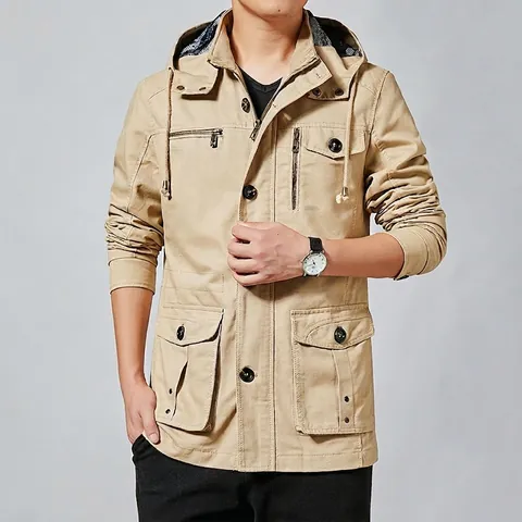 Herren Baumwolle Gewaschene Kapuzenjacke Mehrfachtaschen Cargo Mantel Lässig Windjacke Outdoor Oberbekleidung Frühling Herbst Mode Kleidung