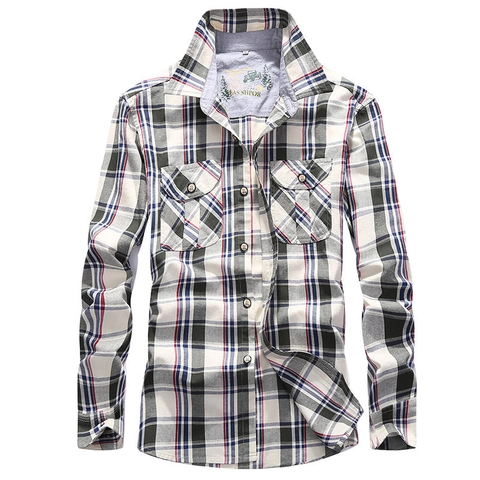 Chemise Classique à Carreaux en Coton pour Hommes Décontractée à Manches Longues avec Boutons et Doubles Poches