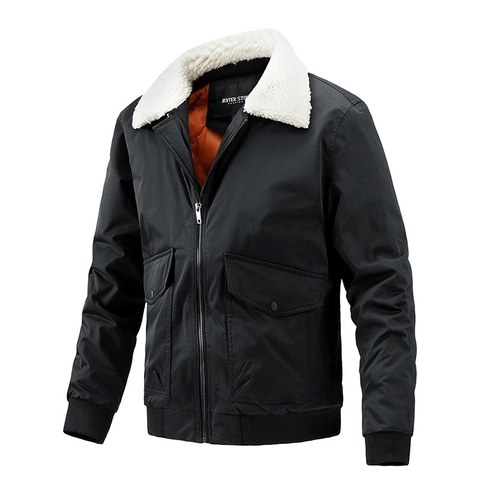 Men Flight Bomber Jacket Windproof Padded Coat With Lamb Wool Collar Orange Quilted Lining Winter Thermal Casual Workwear