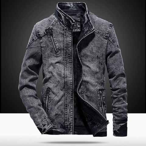 Chaqueta Vaquera Retro para Hombre Cuello Levantado Ajuste Entallado Mezcla de Algodón Chaqueta Vaquera Lavada Estilo Moto Ropa de Abrigo Chaqueta