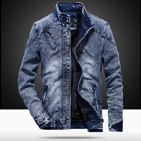 Chaqueta Vaquera Retro para Hombre Cuello Levantado Ajuste Entallado Mezcla de Algodón Chaqueta Vaquera Lavada Estilo Moto Ropa de Abrigo Chaqueta