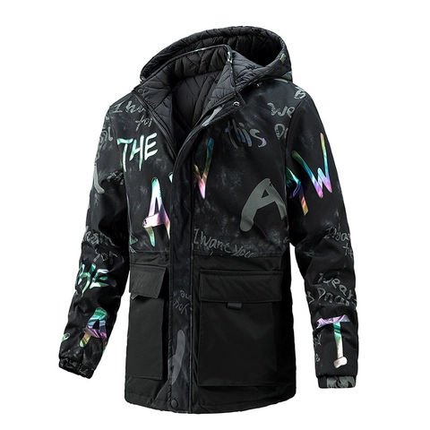 Herren Wendejacke Camo Wattierte Jacke Mittellang Mit Kapuze Parka Reflektierend Graffiti Streetwear Winddicht Wintermantel