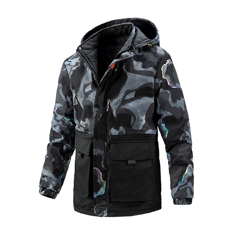 Herren Wendejacke Camo Wattierte Jacke Mittellang Mit Kapuze Parka Reflektierend Graffiti Streetwear Winddicht Wintermantel
