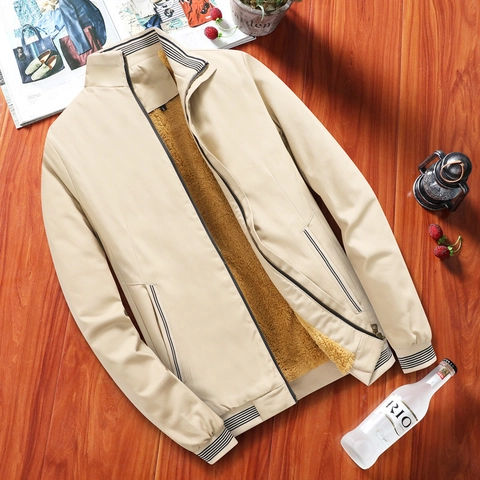Men's Winter Fleece Lined Jacket Stand Collar Thick Thermal Coat Casual Bomber Outerwear For Men Cotton Blend Jacket