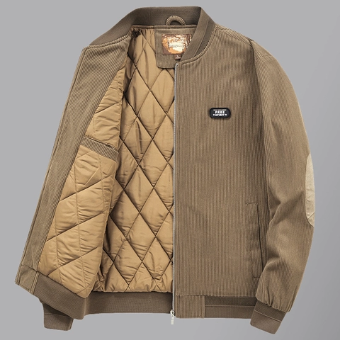 Men Casual Corduroy Bomber Jacket Thickened Padded Lining Zip Up Jacket Solid Color Windproof Outerwear With Ribbed Cuffs