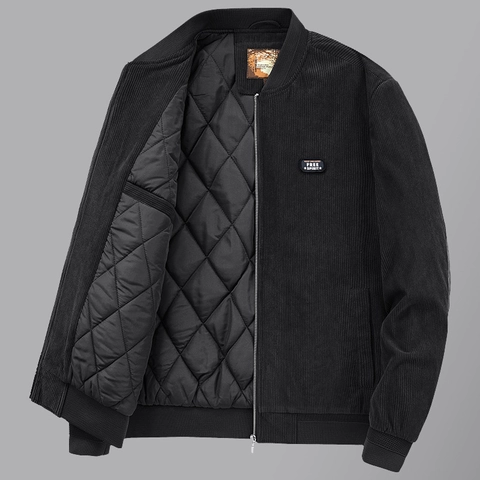 Men Casual Corduroy Bomber Jacket Thickened Padded Lining Zip Up Jacket Solid Color Windproof Outerwear With Ribbed Cuffs