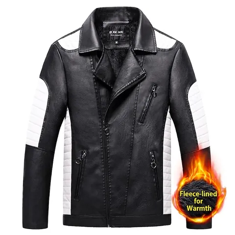 Veste en Cuir PU Coupe Ajustée pour Homme Doublée de Polaire Chaude Manteau de Motard Color Block Col à Revers Coupe-Vent