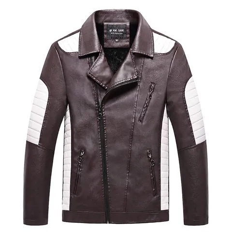 Veste en Cuir PU Coupe Ajustée pour Homme Doublée de Polaire Chaude Manteau de Motard Color Block Col à Revers Coupe-Vent