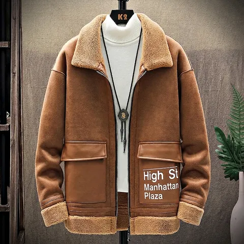 Men's Winter Faux Suede Jacket Thickened Warm Lamb Wool Lined Hooded Outerwear Retro Letter Printed Casual Fashion Coat