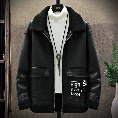Men's Winter Faux Suede Jacket Thickened Warm Lamb Wool Lined Hooded Outerwear Retro Letter Printed Casual Fashion Coat