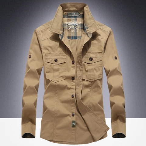 Camicia da Lavoro Casual da Uomo in Cotone a Manica Lunga Stile Militare con Bottoni e Tasche con Patta Top Cargo per Uomo