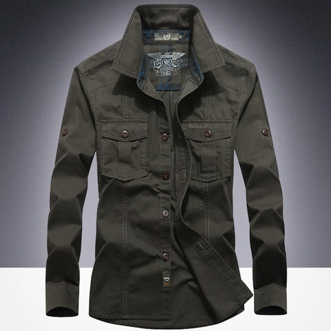 Camicia da Lavoro Casual da Uomo in Cotone a Manica Lunga Stile Militare con Bottoni e Tasche con Patta Top Cargo per Uomo