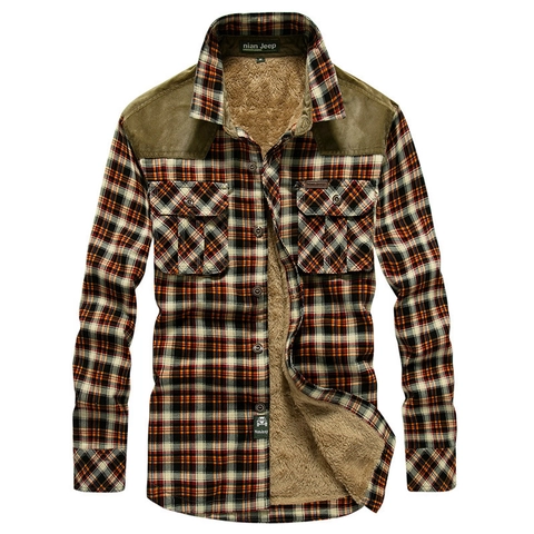 Camicia da Uomo Casual a Quadri Foderata in Pile Manica Lunga Giacca di Flanella Calda Con Fodera in Lana d'Agnello